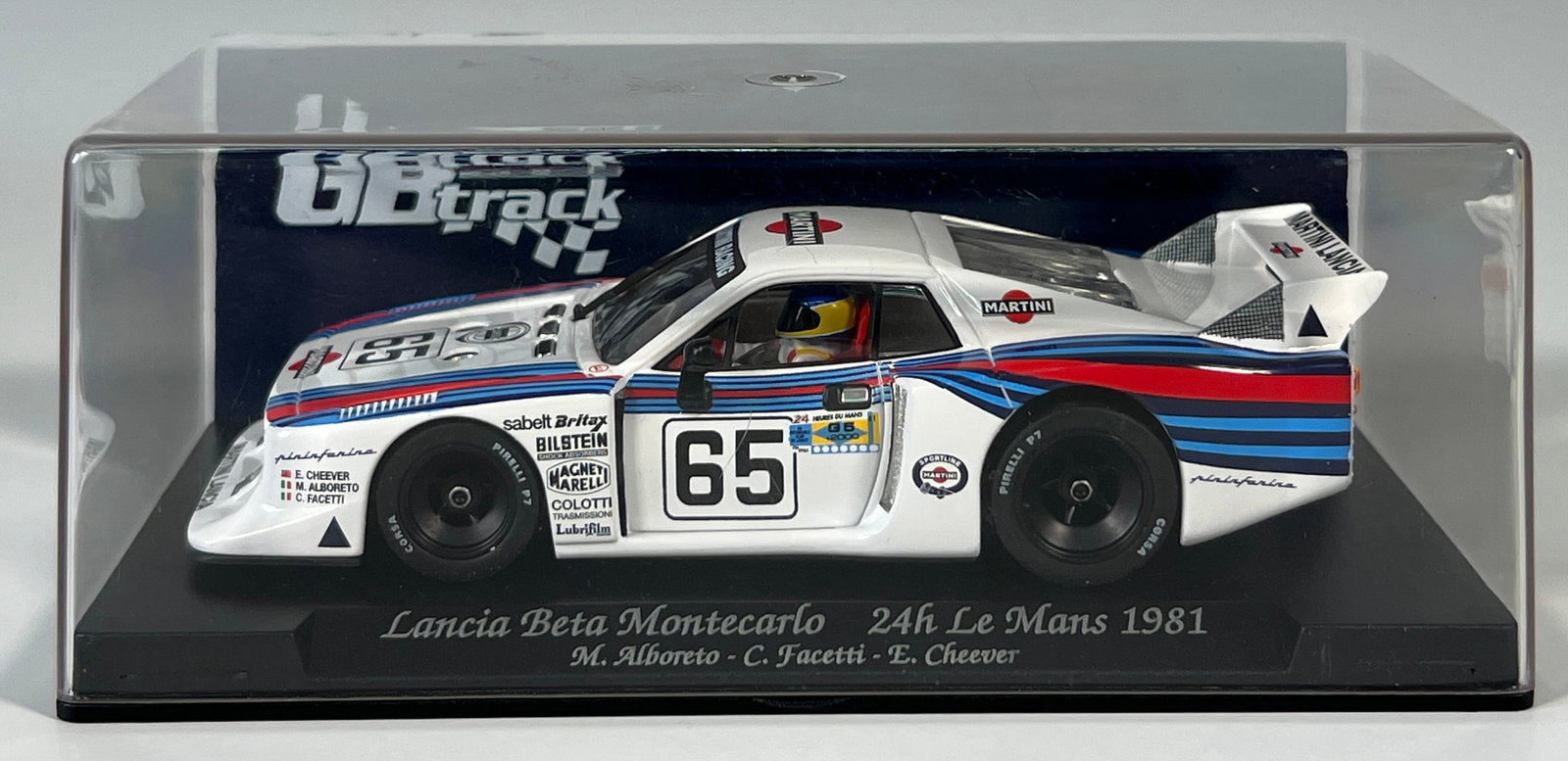 GB Track Lancia Beta Montecarlo 24h Le Mans 1981 #65 1/32 Slot Car: GB Track Lancia Beta Montecarlo 24h Le Mans 1981 Alboreto - Facetti - Cheever #65 Martini 1/32 Slot Car. Reference #GB34, with original case. Weight: 6.9 oz.