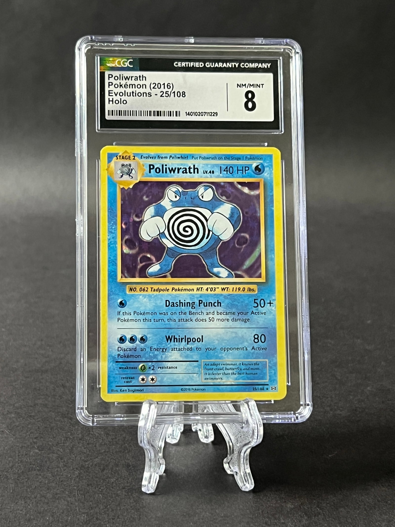 Poliwrath Pokemon Card - CGC NM/Mint 8: Poliwrath Pokemon card, Evolutions series (2016), Holo. Graded NM/Mint 8 by CGC. Size: 13.5 x 7.8 cm approx. 