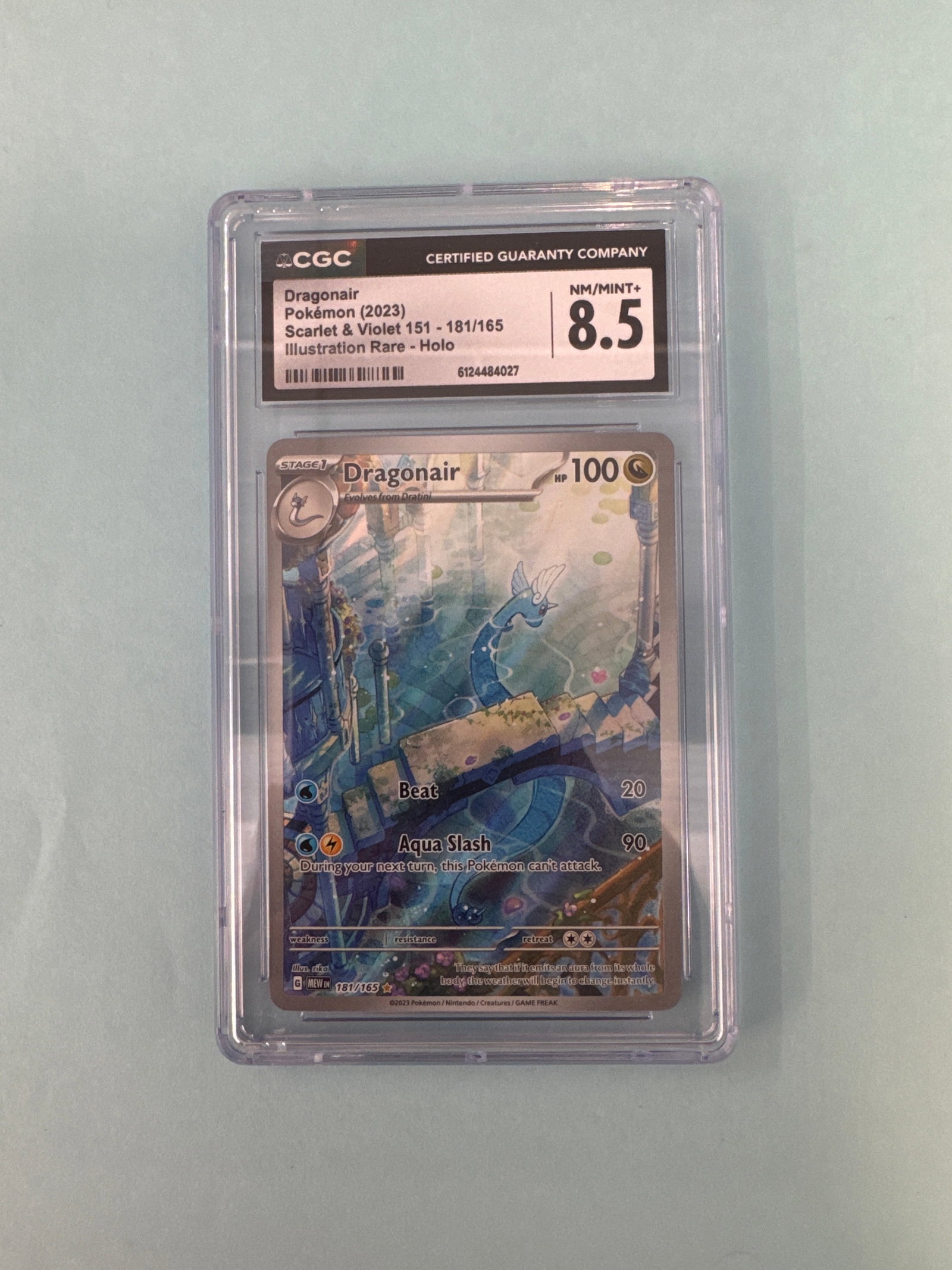 CGC 8.5 Dragonair Illustration Rare Holo Pokemon Card: CGC graded 8.5 Dragonair Illustration Rare Holo Pokemon card from the Scarlet & Violet 151 set. Size: 12 x 7.9cm approx. Weight: 1.9oz. 
