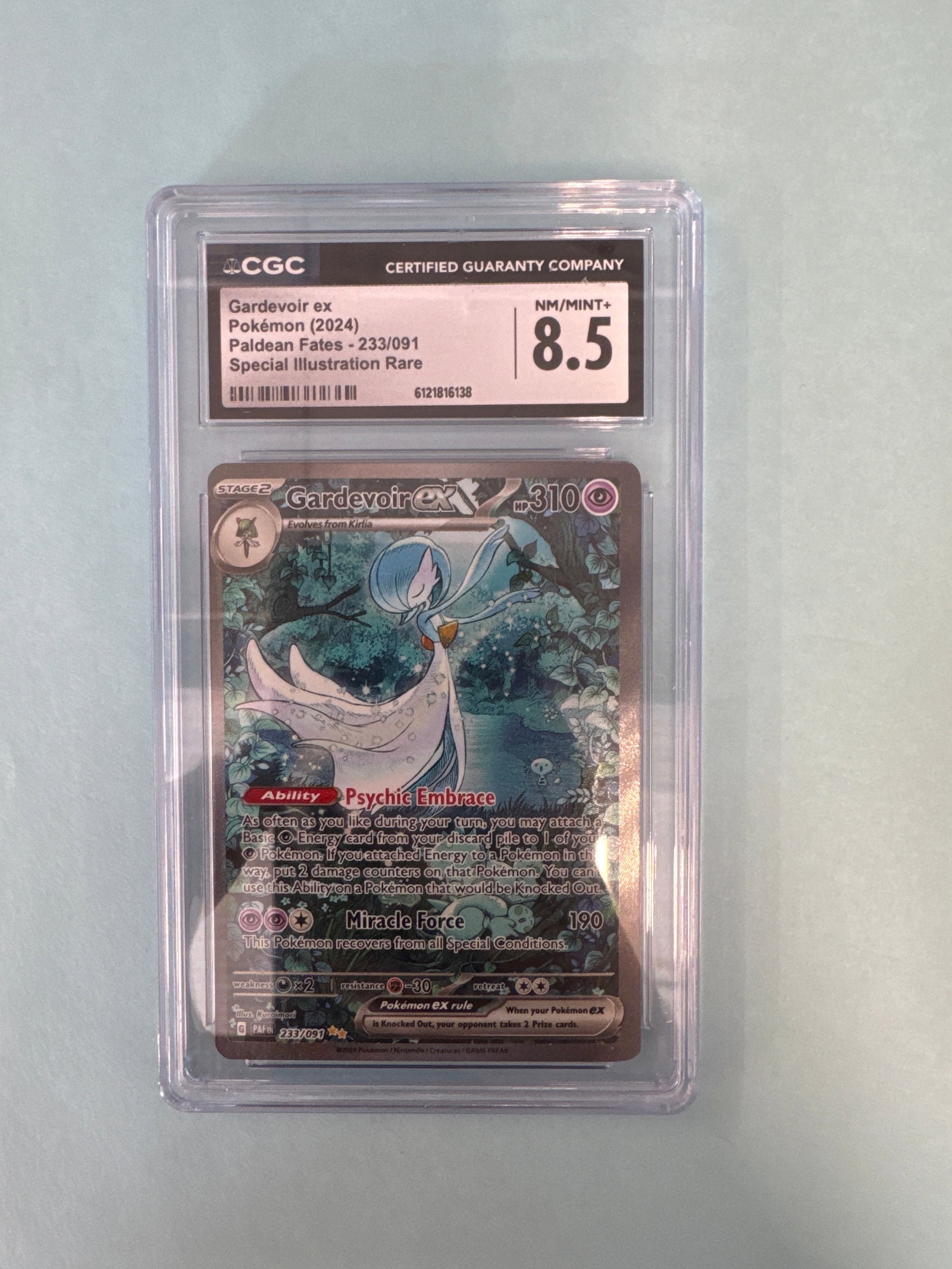 Gardevoir ex Pokemon Card CGC 8.5: Gardevoir ex Pokemon card. Special Illustration Rare. Graded CGC 8.5. Card number 233/091. Size: 12 x 7.9cm approx. Weight: 2oz. 