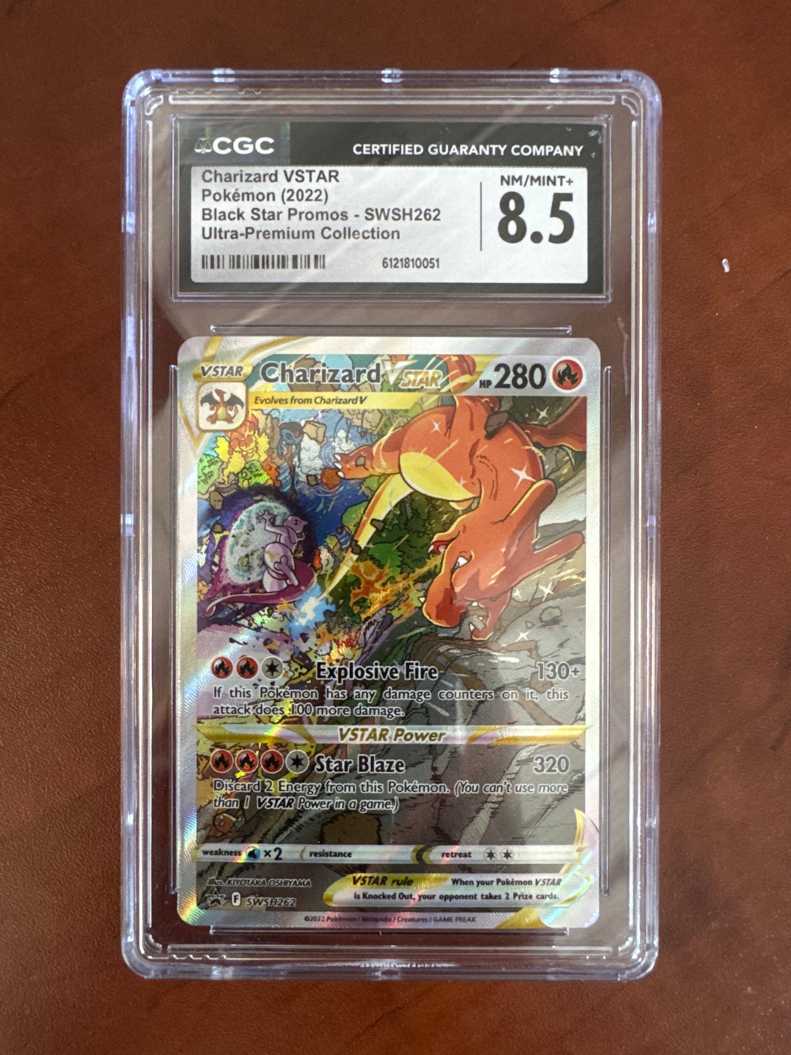 CGC 8.5 Charizard VSTAR - SWSH262 Black Star Promos: Graded Charizard VSTAR Pokemon card. CGC graded NM/MINT+ 8.5. Black Star Promos SWSH262. Ultra-Premium Collection. Size: 12 x 7.9cm approx. Weight: 2oz. 