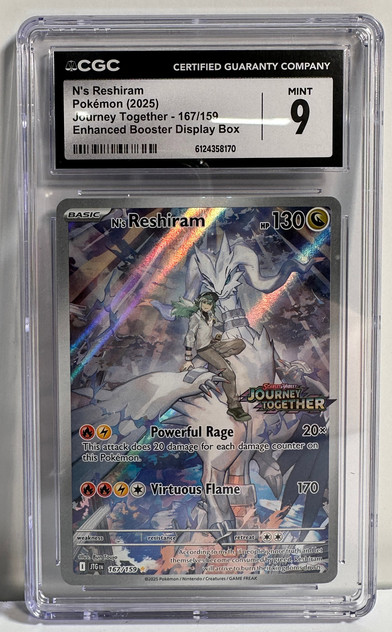 N's Reshiram Pokemon Card - Journey Together 167/159 - CGC Mint 9: N's Reshiram Pokemon card from the Journey Together set (167/159). Graded Mint 9 by CGC. Enhanced Booster Display Box. Size: 5'' x 3''. 