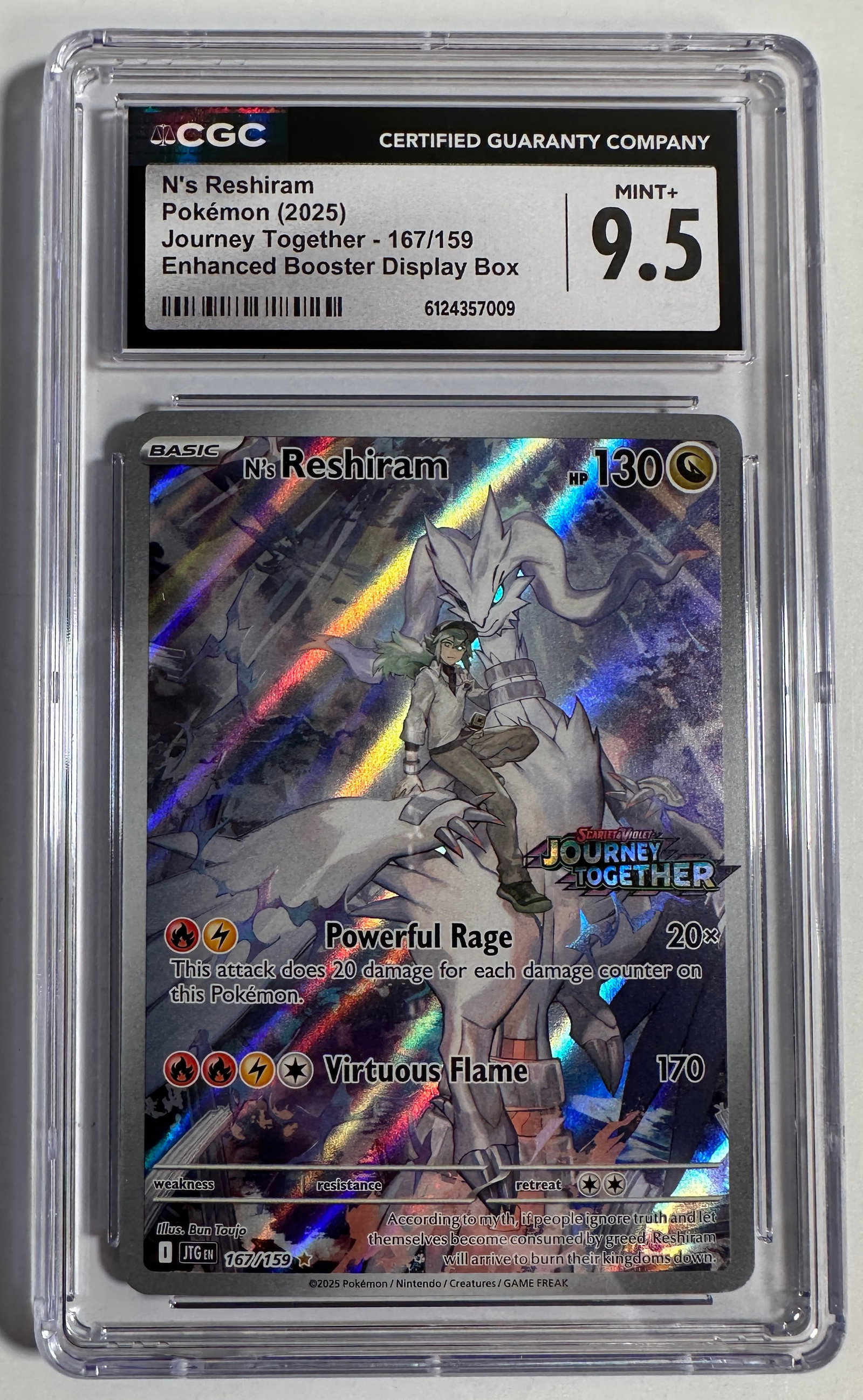 N's Reshiram Pokemon Card CGC 9.5: N's Reshiram Pokemon (2025) Journey Together - 167/159 Enhanced Booster Display Box. Graded CGC Mint+ 9.5. Size: 5'' x 3''. 