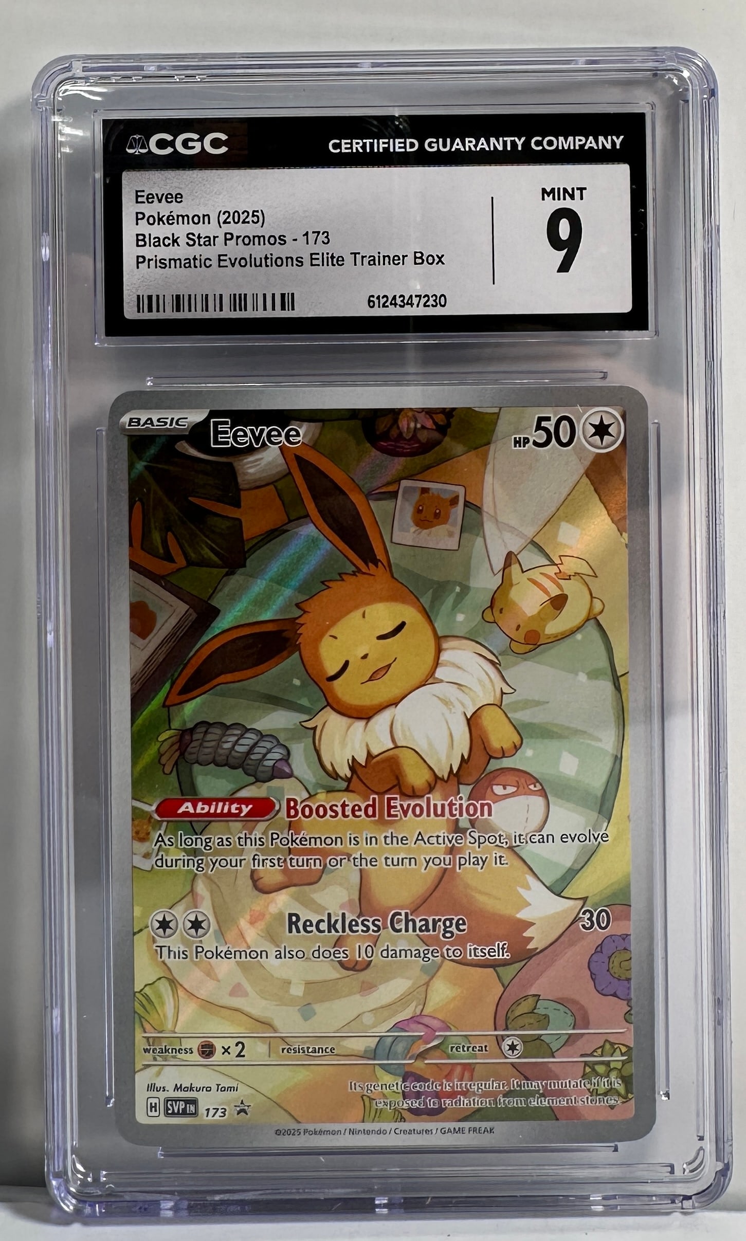 CGC 9 Mint Eevee Pokemon Card Black Star Promos - 173: CGC graded Mint 9 Eevee Pokemon card. Black Star Promos - 173. Prismatic Evolutions Elite Trainer Box. Size: 5'' x 3''.