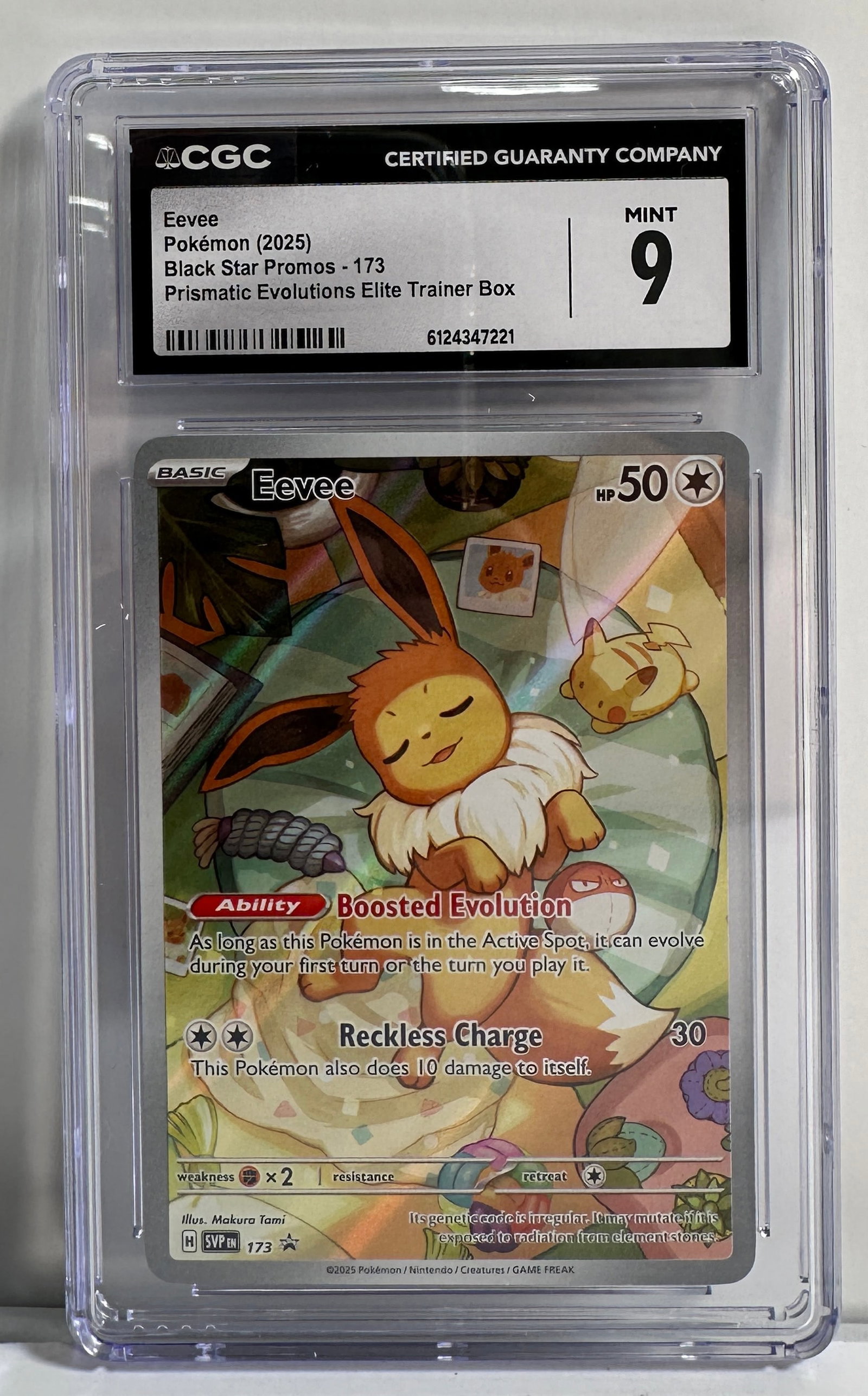 Eevee Pokemon Card - Black Star Promos - CGC Mint 9: Graded Eevee Pokemon card. Black Star Promos - 173. Prismatic Evolutions Elite Trainer Box. Certified by CGC, graded Mint 9. Size: 5'' x 3''. 