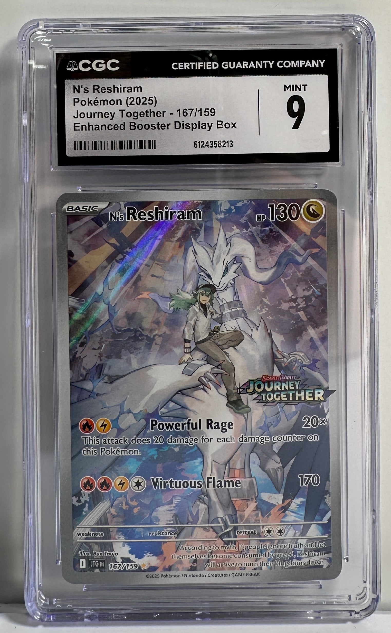 N's Reshiram Pokemon Card CGC Mint 9: N's Reshiram Pokemon card from the Journey Together set (167/159). Graded CGC Mint 9. Size: 5'' x 3''. 