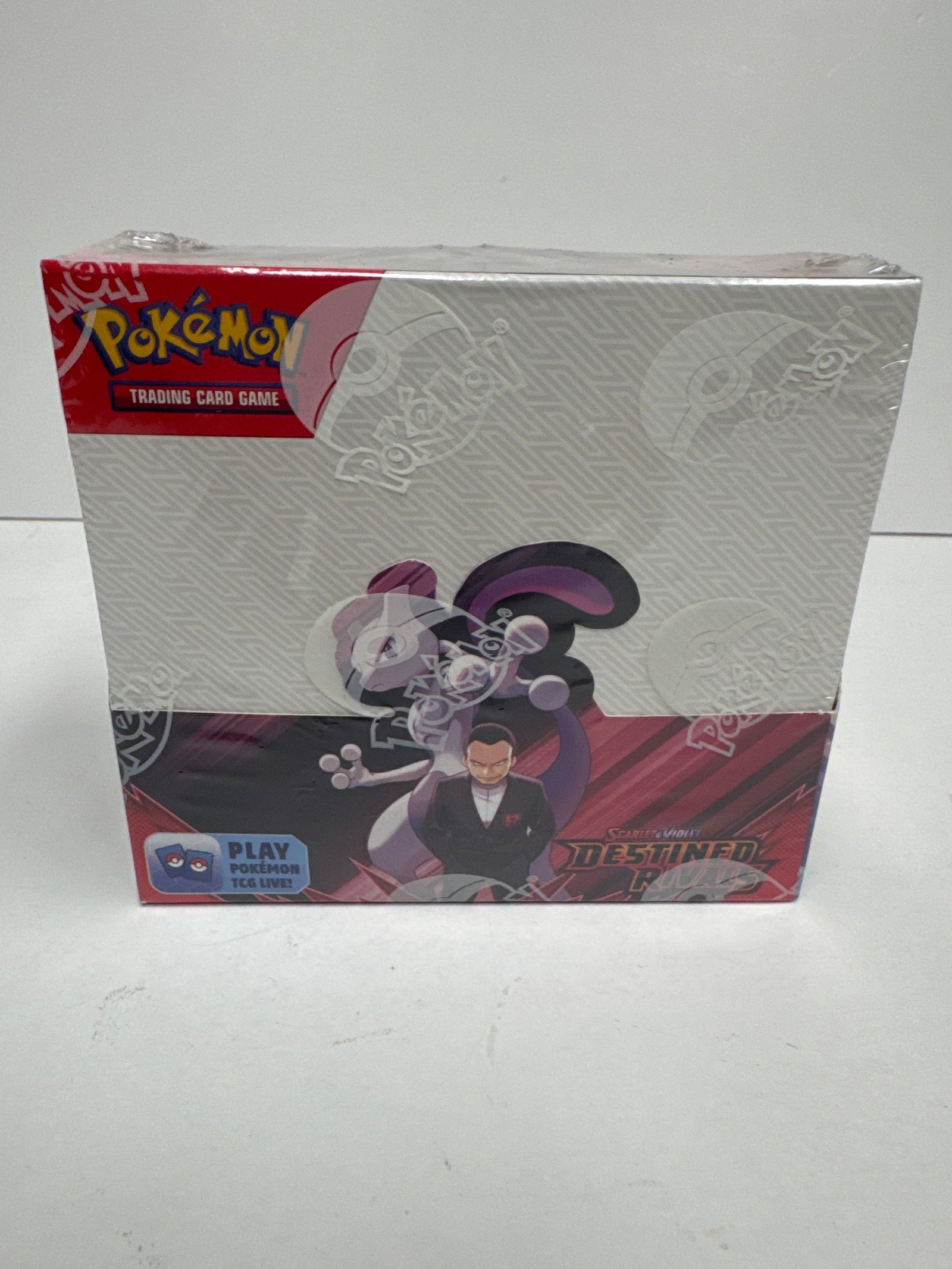 Pokemon TCG Scarlet & Violet: Destined Rivals Booster Box: Sealed booster box for the Pokemon Trading Card Game, Scarlet & Violet: Destined Rivals expansion. Features artwork with Team Rocket members and iconic Pokemon like Mewtwo and Garchomp. Contains 240 c