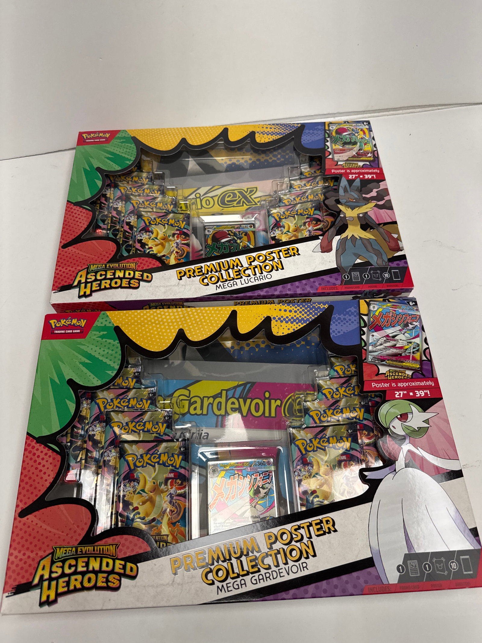 Pokemon Mega Evolution Ascended Heroes Premium Poster Collection - Mega Lucario & Mega Gardevoir: Two sealed Pokemon TCG Mega Evolution Ascended Heroes Premium Poster Collections. One features Mega Lucario and includes 10 booster packs, 1 foil promo card, 1 large poster, and TCG Online code. The o