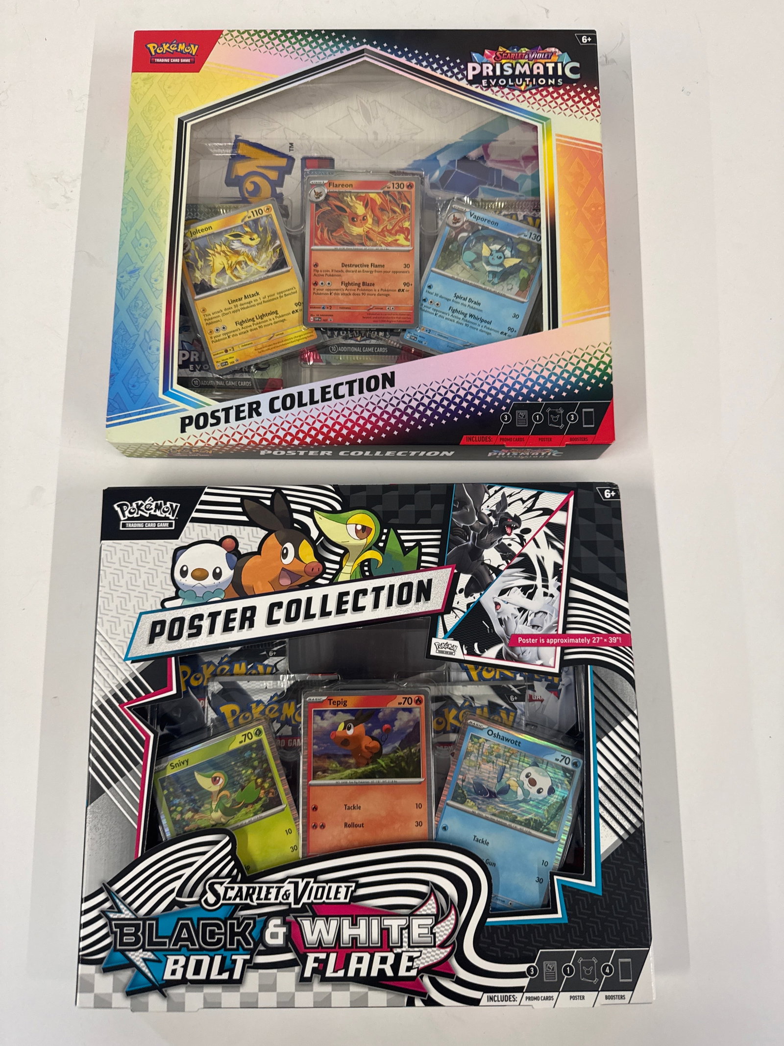 Pokemon Prismatic Evolutions & Scarlet & Violet Black & White Flare Poster Collections: Two Pokemon Poster Collections: Prismatic Evolutions and Scarlet & Violet Black & White Flare. The Prismatic Evolutions collection features Eevee and its evolutions, including foil promo cards, a
