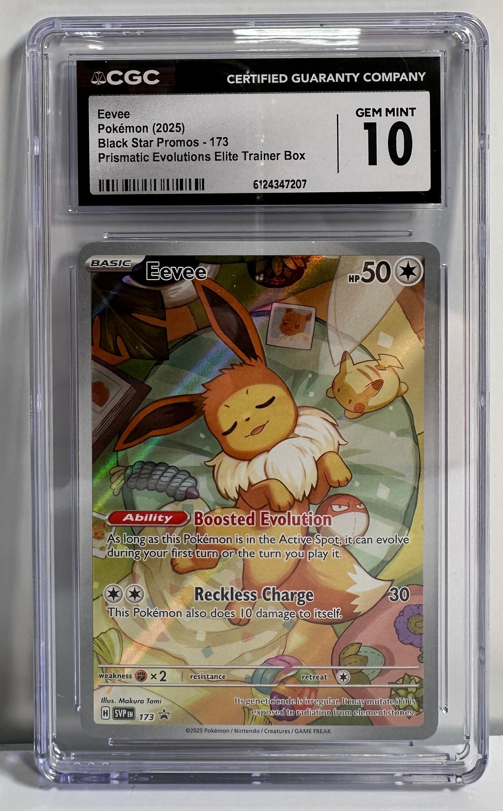 CGC Gem Mint 10 Eevee Pokemon Black Star Promos - 173: CGC graded Gem Mint 10 Eevee Pokémon card. Black Star Promos - 173. Size: 5'' x3''. 