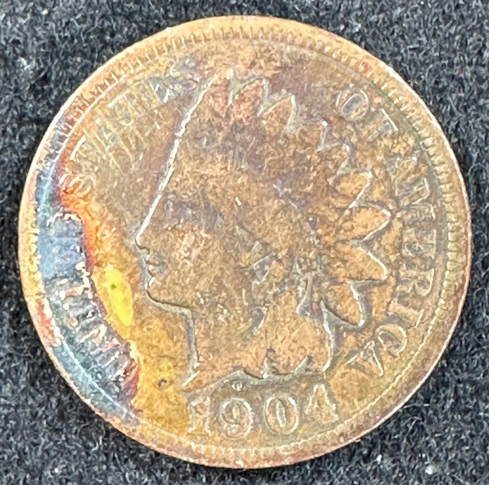 1904 Indian Head Cent: 1904 United States Indian Head Cent. Copper coin featuring an Indian head design on the obverse and a wreath on the reverse.