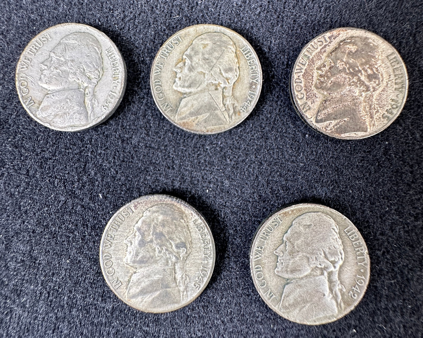 Five Jefferson Nickels: Group of five Jefferson nickels, various dates. Circulated condition.