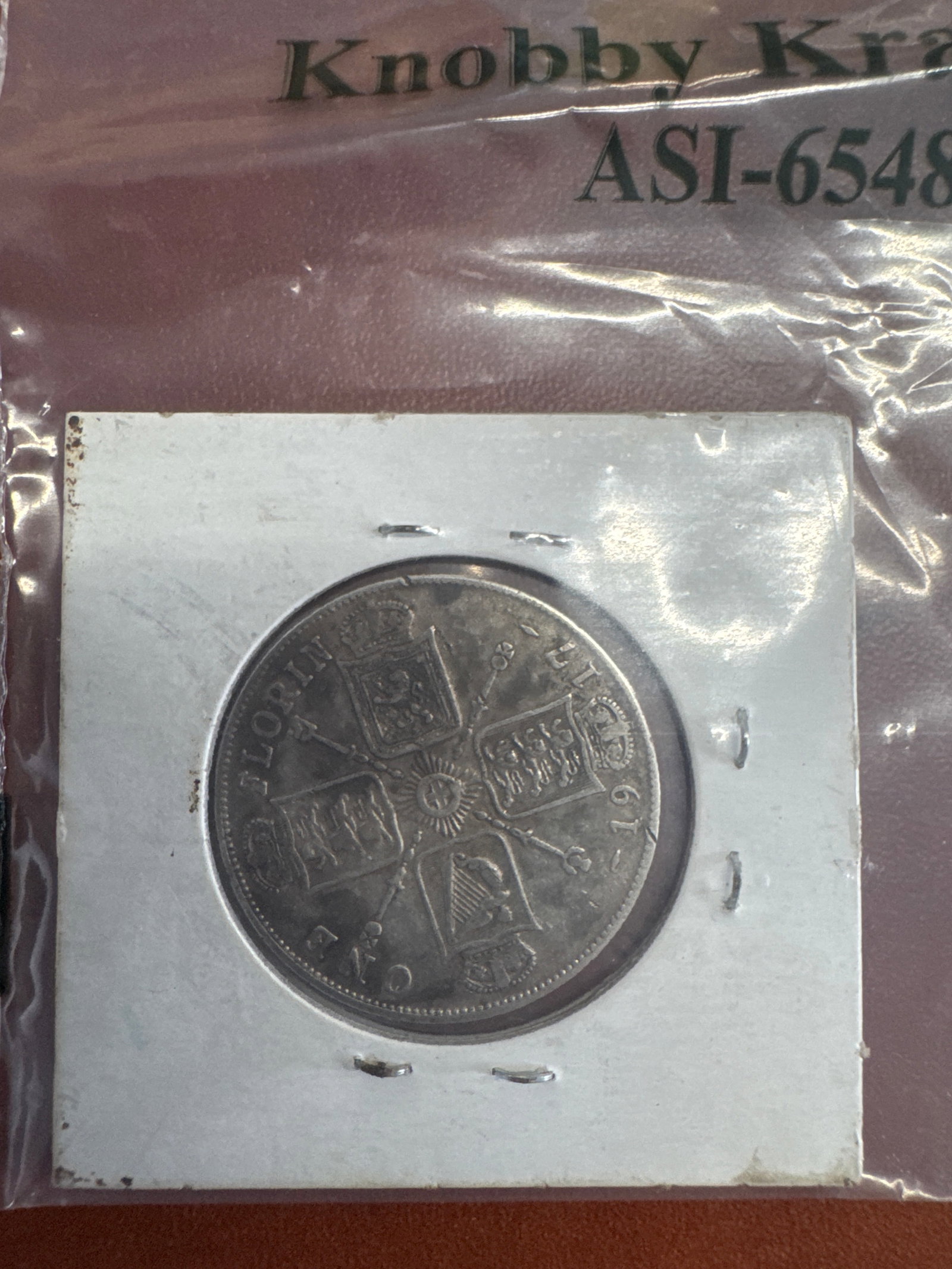 1917 Great Britain 1 Florin Coin .925 Silver: A silver Florin coin from Great Britain, dated 1917. The obverse features a profile of King George V, and the reverse displays the royal coat of arms. The coin is encapsulated in protective