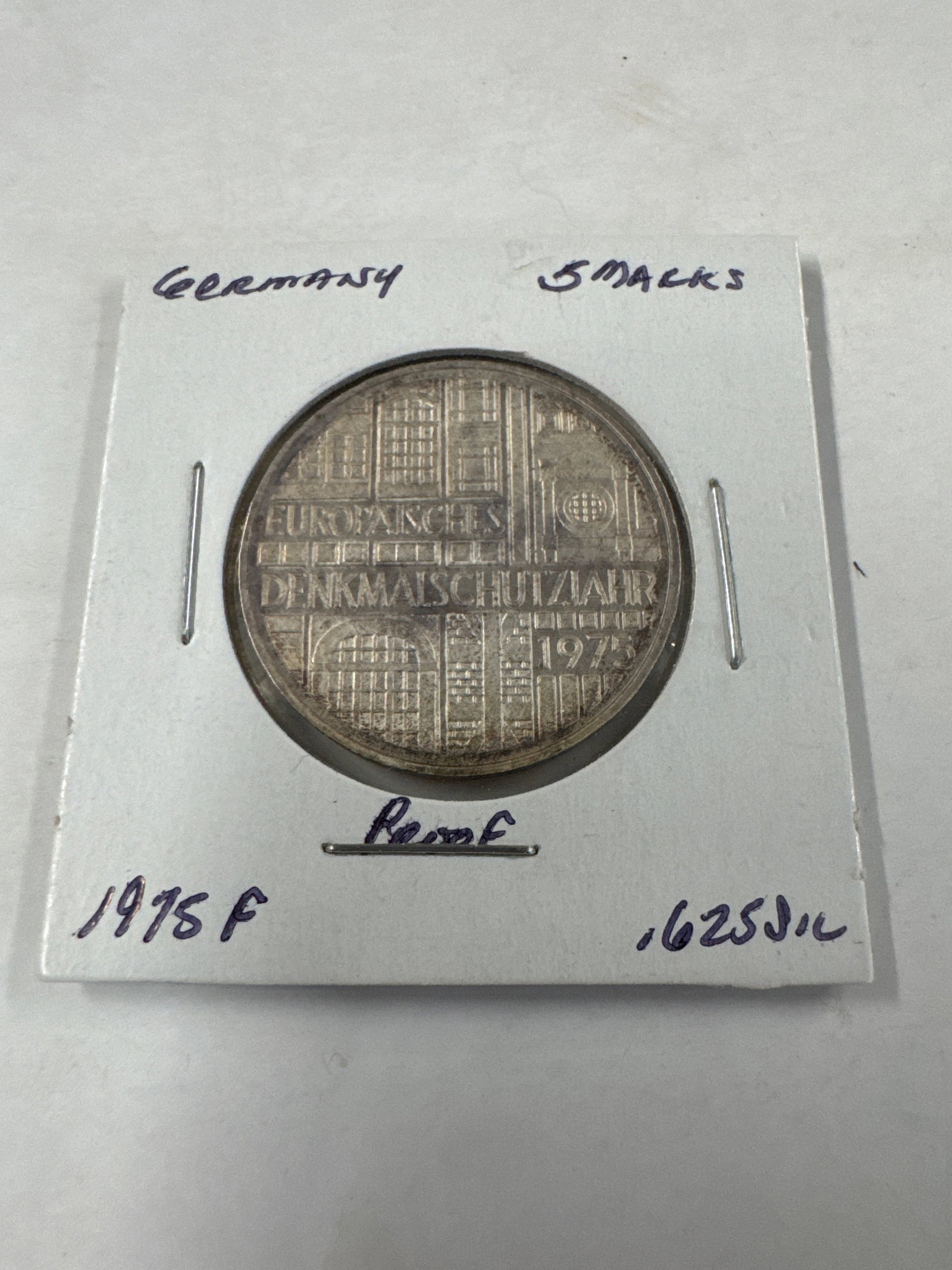 1975 German 5 Deutsche Mark Coin - European Monument Protection Year: A 1975 German 5 Deutsche Mark coin commemorating the European Monument Protection Year. 