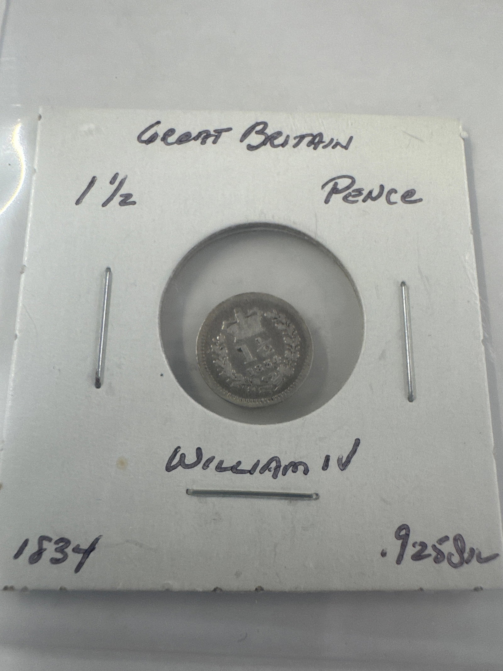 Great Britain 1 1/2 Pence Coin, William IV, 1834: A 1 1/2 Pence coin from Great Britain, dated 1834, featuring William IV (.925 Silver).