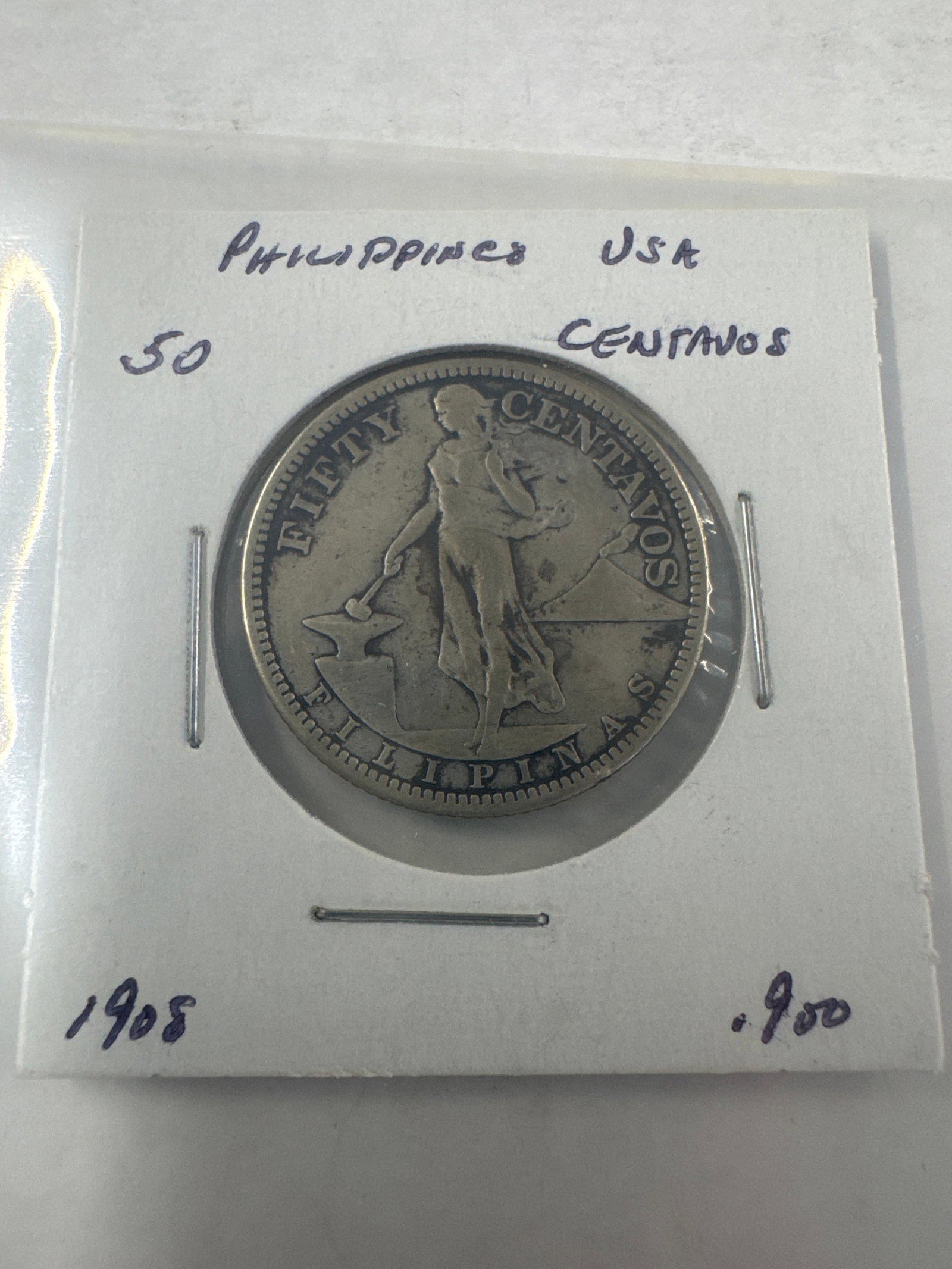 1908 Philippines USA 50 Centavos Coin: A 1908 Philippines USA 50 Centavos coin. 