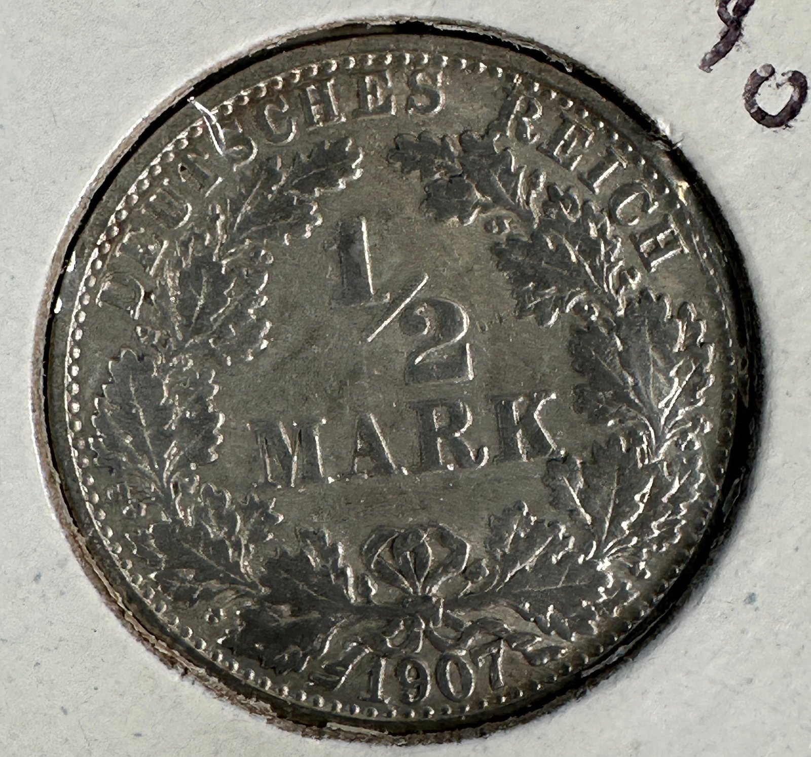 1907 German Empire 1/2 Mark .900 Silver Coin: One coin as titled. Ungraded; condition varies. See images.