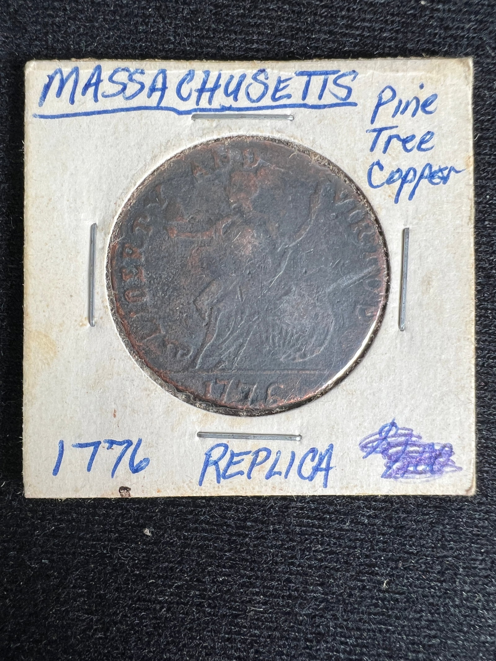 1776 Massachusetts Pine Tree Copper Replica: One coin as titled. Ungraded; condition varies. See images.