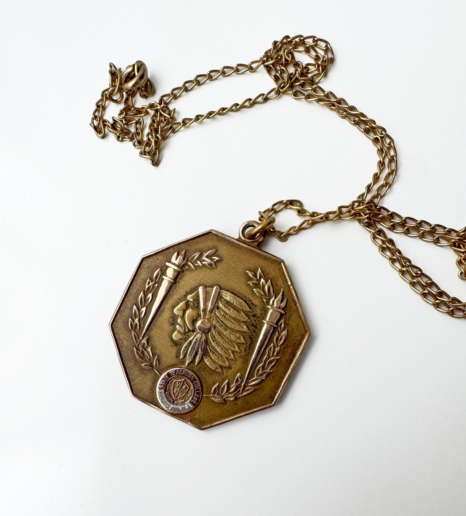 State Teacher's College Gold-Filled Pendant: Bessinger & Co, Newark, NJ, 8 grams Diameter of pendant: 32mm