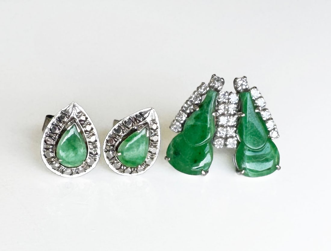 Two Pairs of Jade & Diamond Earrings: 6g longest 16mm 14k