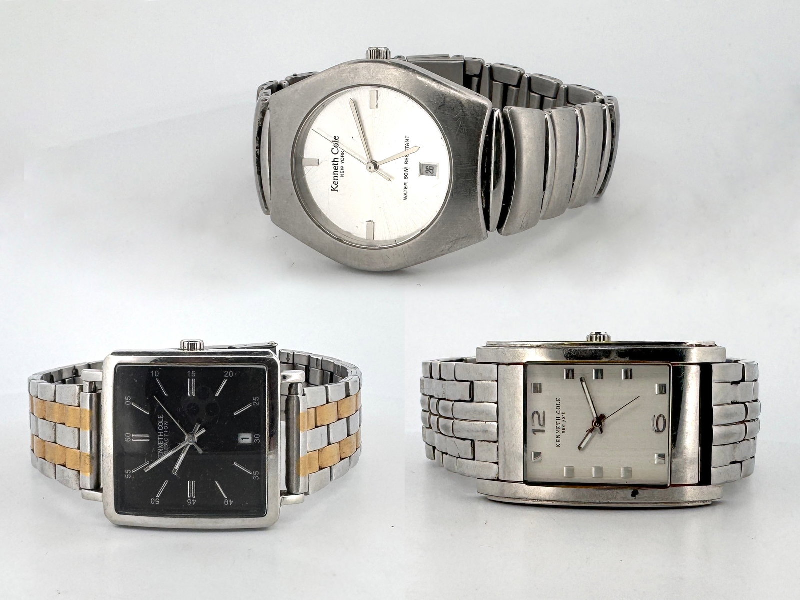 Three Kenneth Cole Wristwatches: Collection of 3 Kenneth Cole wristwatches. Total weight: 8.6 oz. Measures between 10 and 12 cm approx.