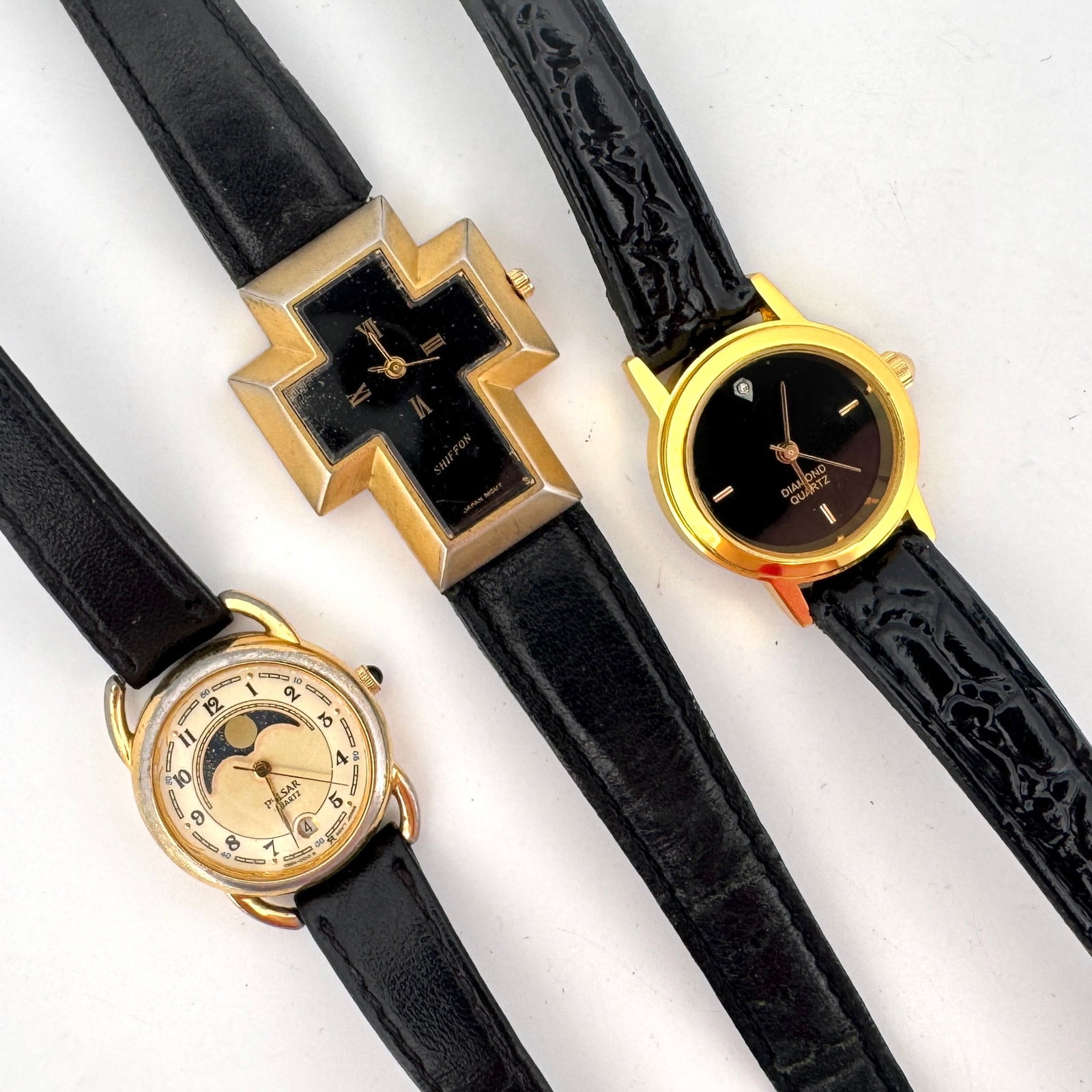 Lot of Three Quartz Wristwatches: Pulsar Moon Phase, Shiffon Cross, and Diamond Accent (1 of 14)