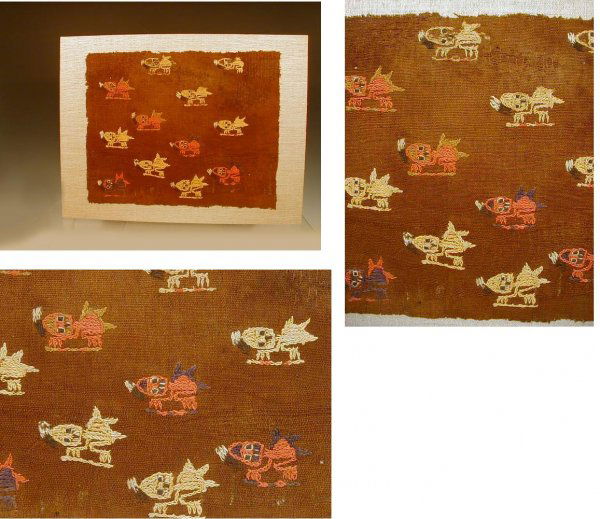 Nazca Textile Panel: South Coastal Peru, Ca. 400 to 600 AD. Woven plain weave brown ground and richly stitched embroidered multi-colored red and yellow flying bees. Size: 9-3/4in H. x 12in W. + frame mount. Ex: FL. Collec