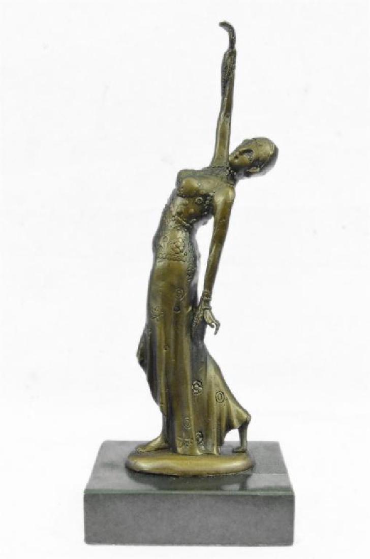 After Chiparus, Art Deco Dancer Bronze Sculpture: After Demetre Chiparus ( Romania, France 1886-1947) Art Deco style sculpture of a dancer. Lost wax casting method bronze, with brown patina, mounted on marble pedestal. 12" X 4 1/2". 4lbs.
