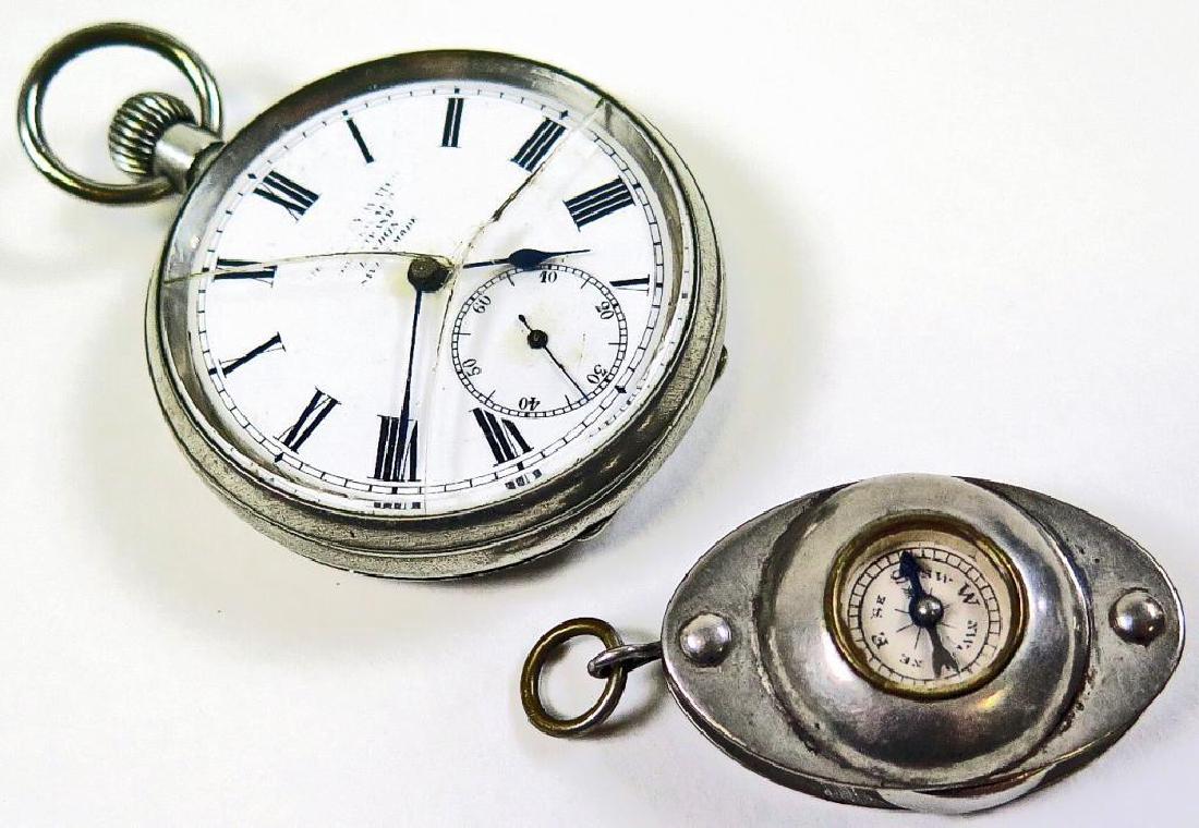 19thc Nickel Pocket Watch & Compass: Pair of gentlemen's nickel accoutrements; Swiss made, nickel pocket watch ( with cracked glass needing replacement ). White face & Roman numerals. Additional minute dial. Stamped "London" , "Strand",