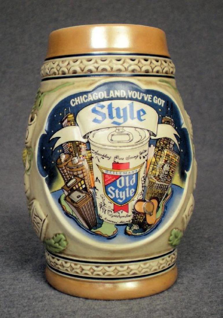 G. Heilemans Limited Edition Chicago Beer Stein: Vintage G. Heilemans Chicagoland Beer Stein, measures approximately 6 1/2" tall & 5 1/4" from edge of rim to tip of handle, depicts an old style can in the center of the Chicago skyline. All are repre