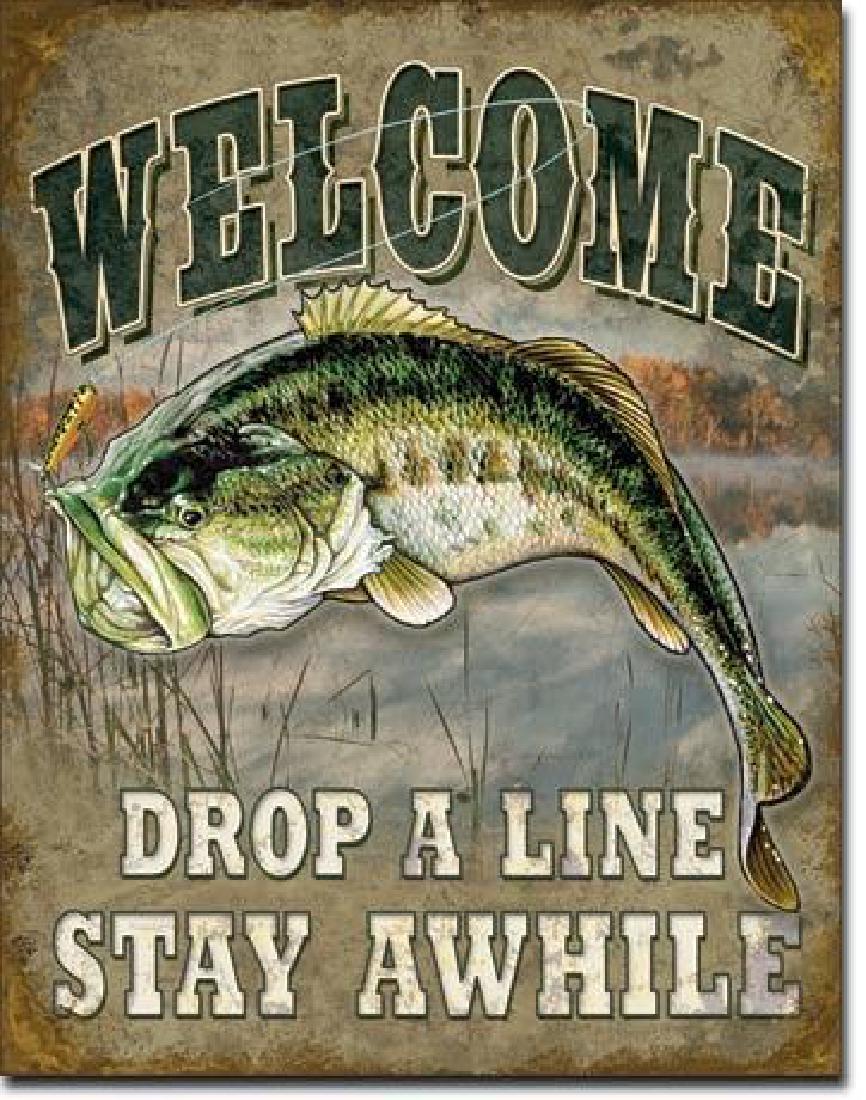 Bass Fishing Fish Camp Cabin Metal Sign: Decorative metal fish camp or cabin art sign. "Welcome, Drop A Line, Stay Awhile". Bass fishing decoration art. 12 1/2" X 16". Pre-drilled holes for mounting.