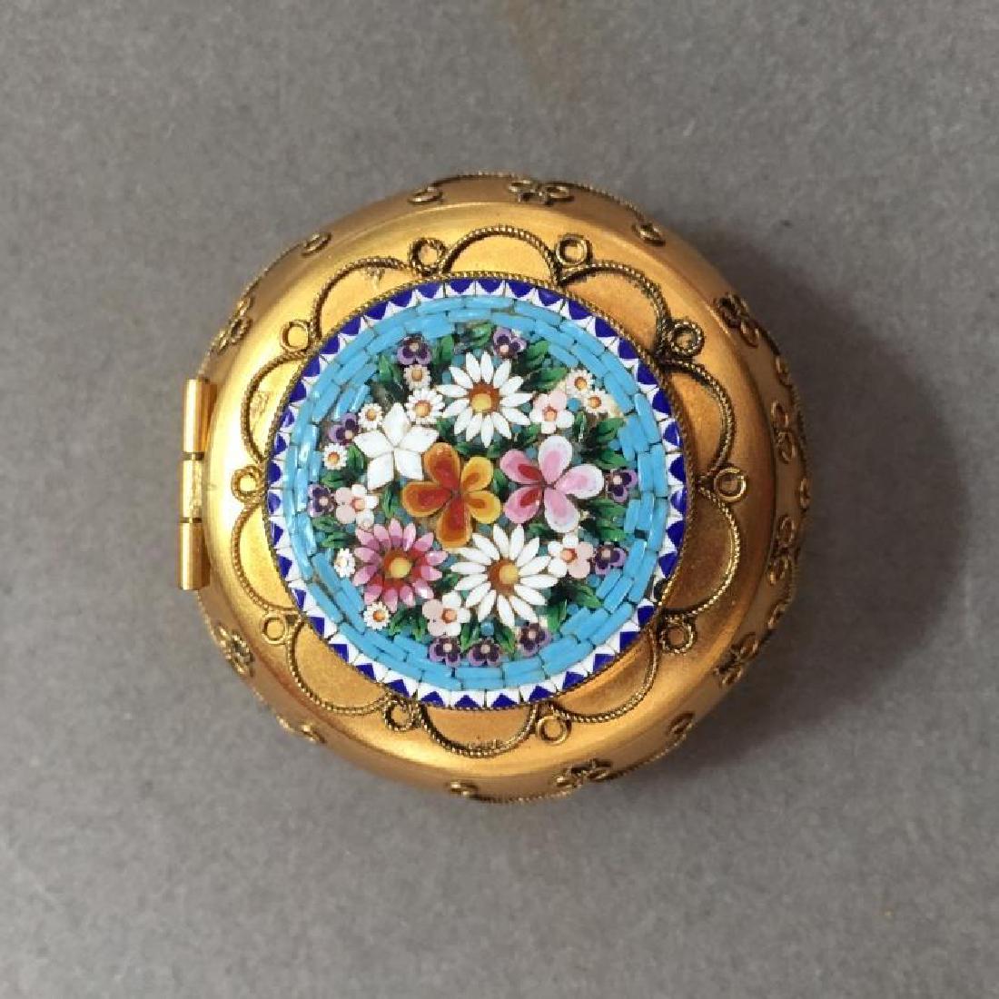Italian Micro Mosaic Jewel Trinket Pill Box: Vintage hand-made Italian micro mosaic, mounted into the top of a small jewel, trinket or pill box with hinged lid. Intricate floral designed mosaic with applied gold twisted wire decoration. 1 7/8" D