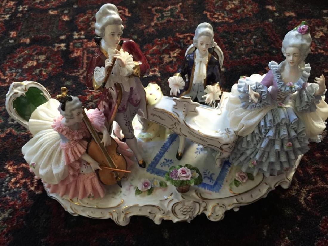 Dresden Porcelain Musicians, 18thc Recital: Mid century vintage Dresden porcelain, depiction of a 18th century social event, musical recital, with a gentleman playing a harpsichord, another playing a flute, a lady playing a cello & another prep