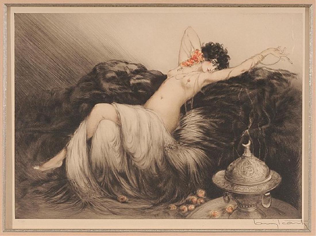 Signed Icart "Smoke" Etching: Authentic Louis Icart "Smoke" "Fumee" dry-point etching. Woman at leisure, reclining on a couch while smoking. Louis Icart (French, 1888-1950) [FumeÃ©] or Smoke, 1926, edition of 389, signed lower r