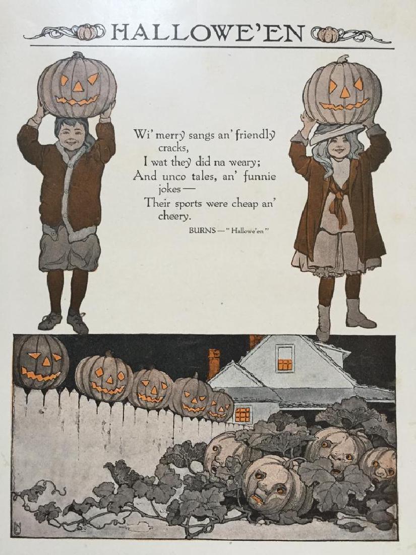Early 20thc Halloween Print, Robert Burns Poem: Early 20th century chromolith book page print, "Halloween" depicting two children with pumpkins on their heads & a pumpkin patch with illustrated pumpkins looking up at a fence of Jack-o-lanterns. A R