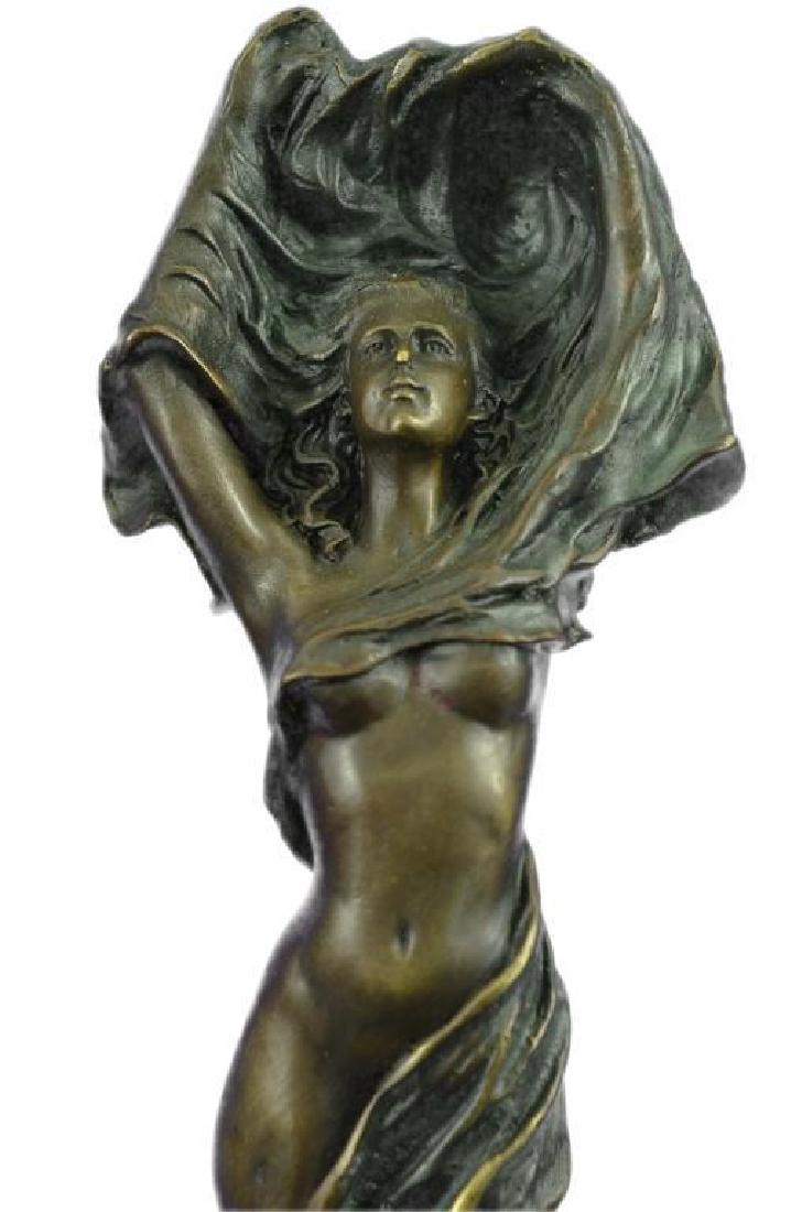 Art Nouveau Nude Girl Bronze Statue: Art Nouveau-style statue of a nude girl, partially covered with a drape. Lost wax casting method bronze, with patina, mounted on a tall marble block base. 14" H X 3" W. 7lbs.