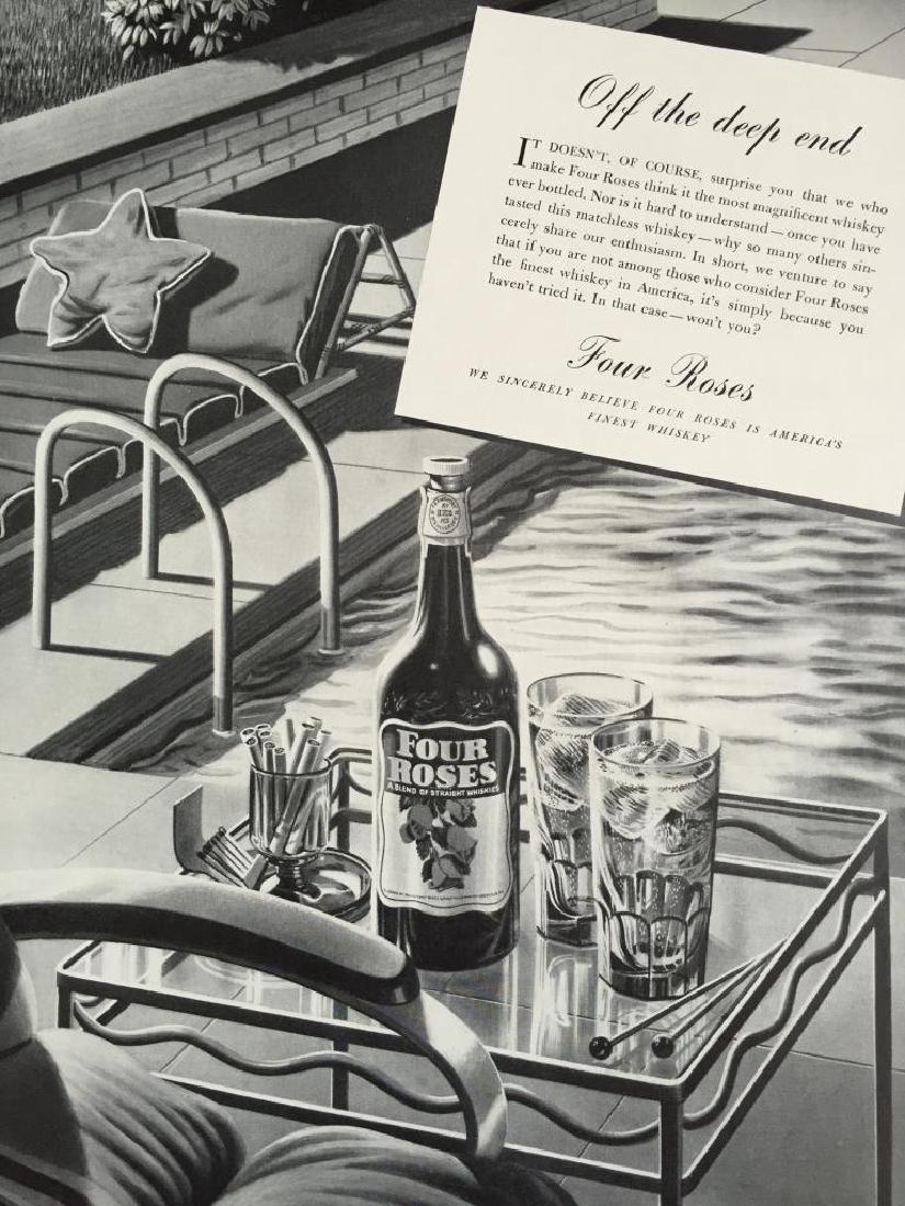 1940's Four Roses Whiskey Home Bar Advertisement: Vintage 1940's original magazine advertisement for Four Roses Whiskey. Illustration depicting a bottle of whiskey & two drinks sitting on a glass top table beside a swimming pool. 11" X 14" mounted on