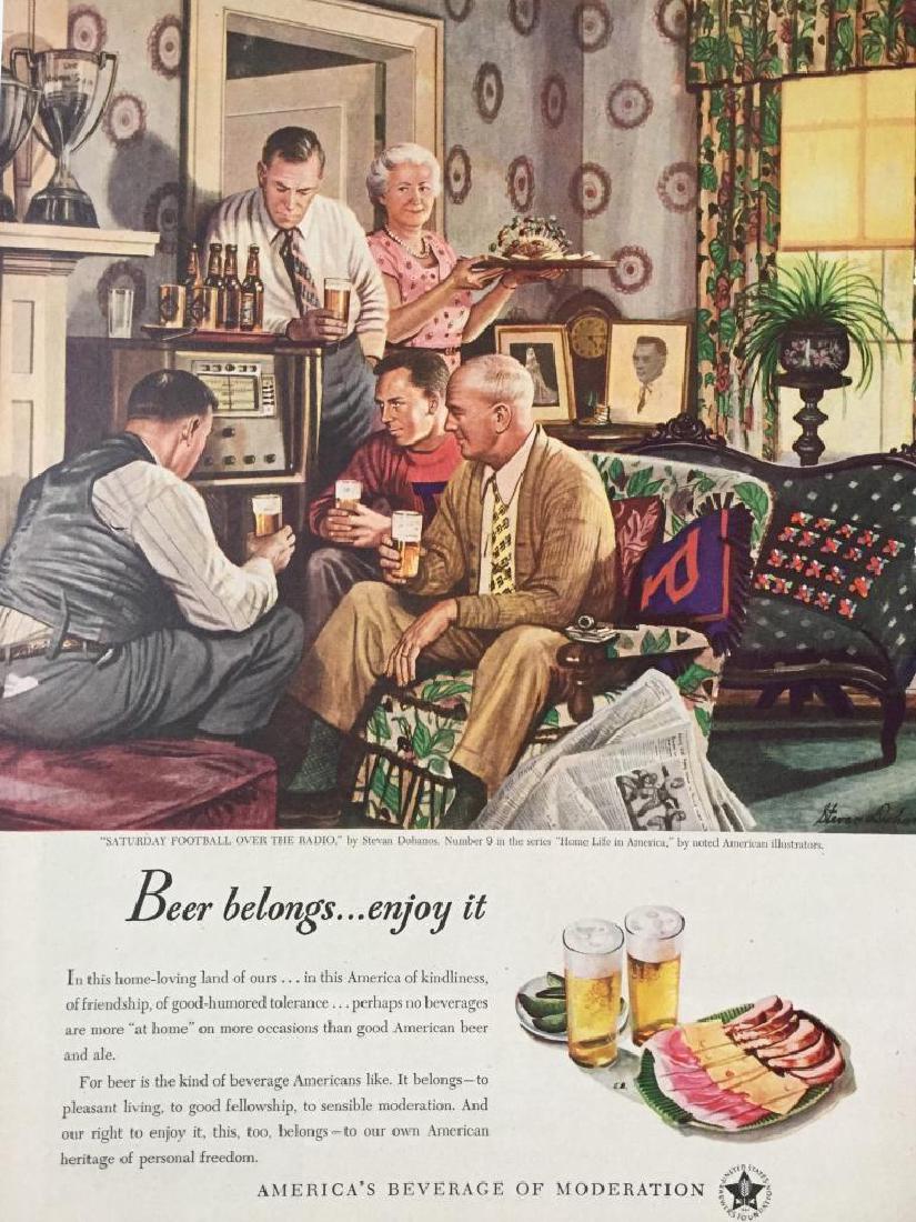 1947 US Brewers Football Beer Magazine Ad Art: Original 1947 magazine advertisement for the United States Brewers Foundation. Normal Rockwell-style scene with a slogan reads, " Beer belongs...enjoy it." Promotes drinking beer during the football s