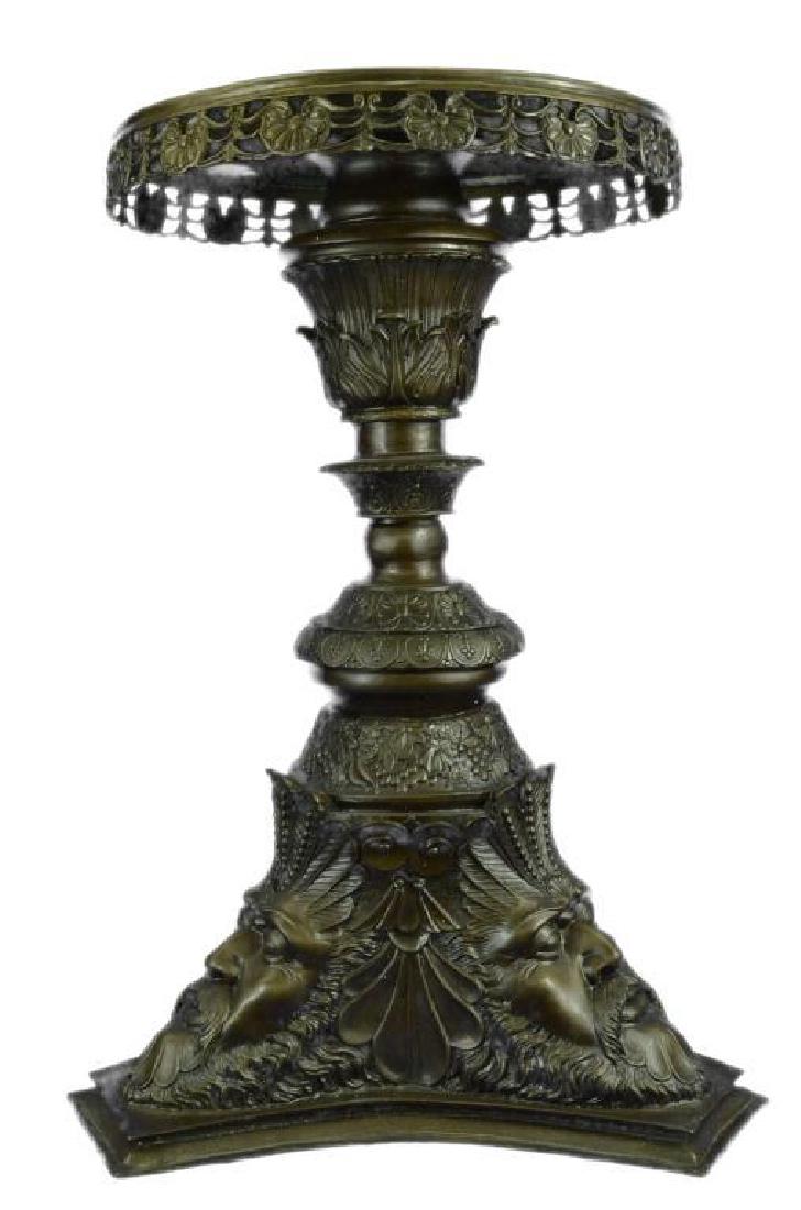 French Rococo, Zeus Bronze Pedestal Table: French Rococo inspired pedestal table, depicts faces of the Greek god of the sky & ruler of the Olympian gods, Zeus, as well as acanthus leaves, grapes & pierced trim around to platform. 28 1/2" H X 1