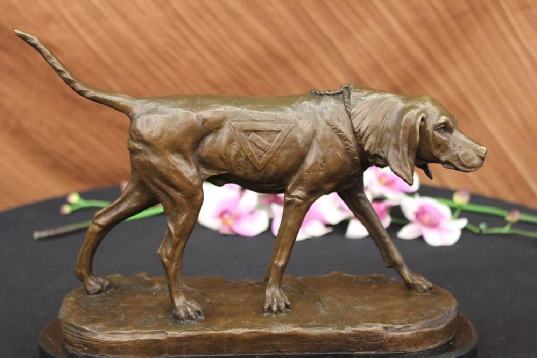 After Cain, Bronze Foxhound Sculpture: After Auguste-Nicholas Cain ( French, 1822 - 1894 ) hunting dog, foxhound sculpture. Lost wax casting method bronze, with brown patina, on marble base. 8" X 12 1/2". 10lbs.