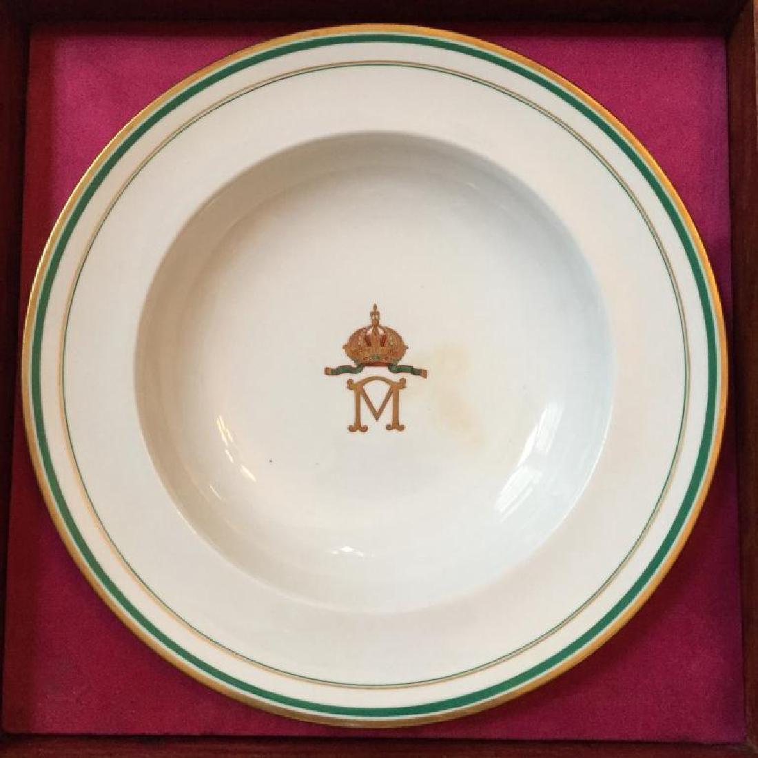 19thc Museum Cased Minton Soup Bowl: c1874 Minton, T. Goode & Co., London, monogram letter symbol with gold crown soup bowl. 9 1/2" D. Displayed within a wooden museum case. Provenance - deaccessioned from the Centennial Museum at the Un