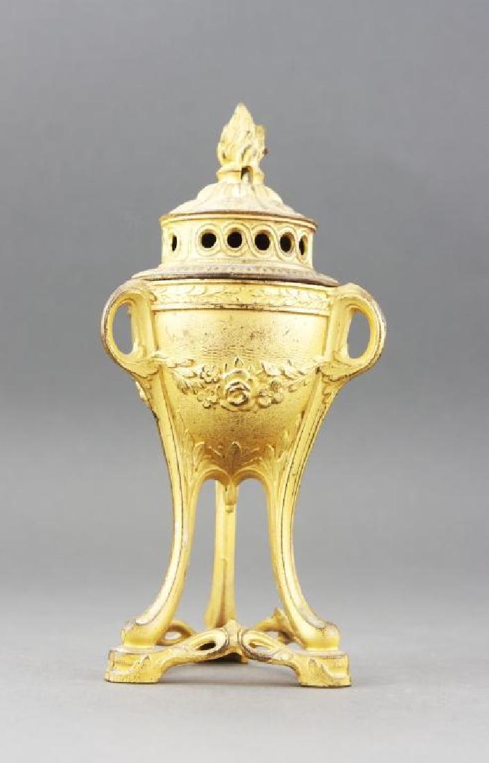 Early 19thc French Gilt Bronze Incense Burner: Early 19th, or possibly late 18thc, elaborate French depose gilt bronze ormolou incense burner, a floral garland design to the body, with embossed wreath design around the upper edge of the cup bowl, 