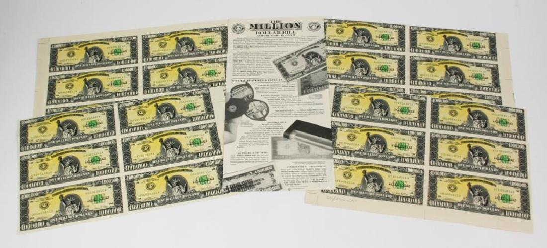 1989 Signed Numbered Million Dollar Bill Prints: Unique set of 4 prints / cut novelty sheets from 1989. 6 "Million Dollar Bills" printed front & back per sheet section. Signed by the artist on the bottom of one of the sections & numbered 311/ 500 - 