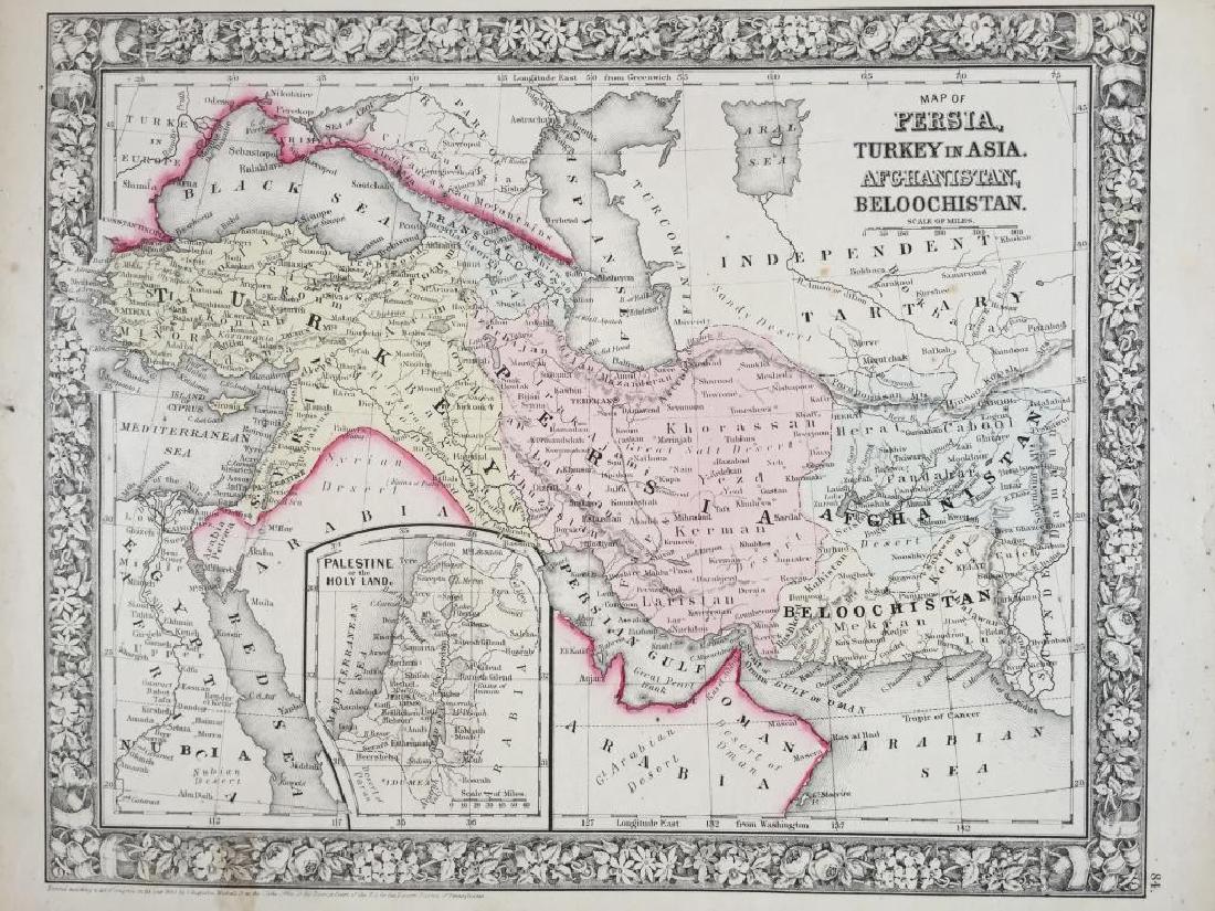 19thc Map of Persia, Turkey in Asia, Afghanistan: Original map of Persia, Turkey in Asia, Afghanistan, Beloochistan, from an 1868 Mitchell's New General Atlas. pg 84, published by Samuel Augustus Mitchell Jr., W.H. Gamble engraver. 12" X 15". Feature