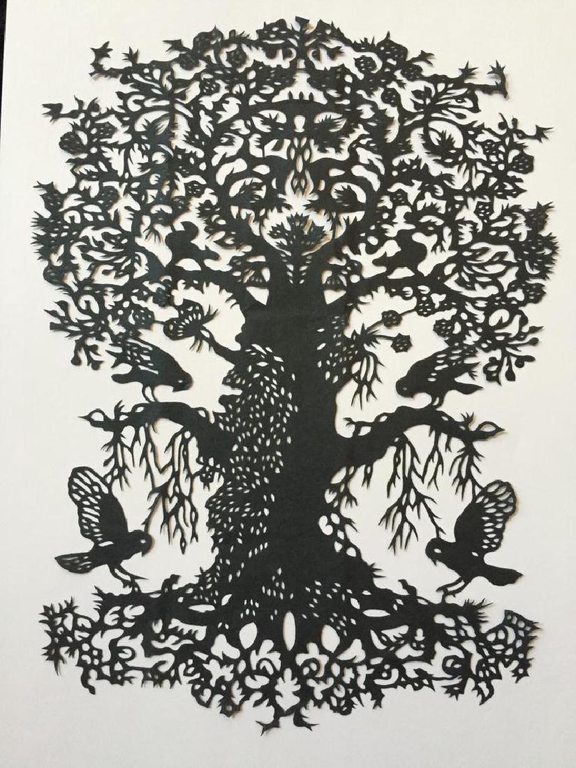 Hand-made Paper Cut Silhouette, Tree Of Life: Hand cut paper silhouette depicting a tree of life, birds & squirrels in an elaborate pattern. Approx 7 1/2" X 10 1/2" scene.