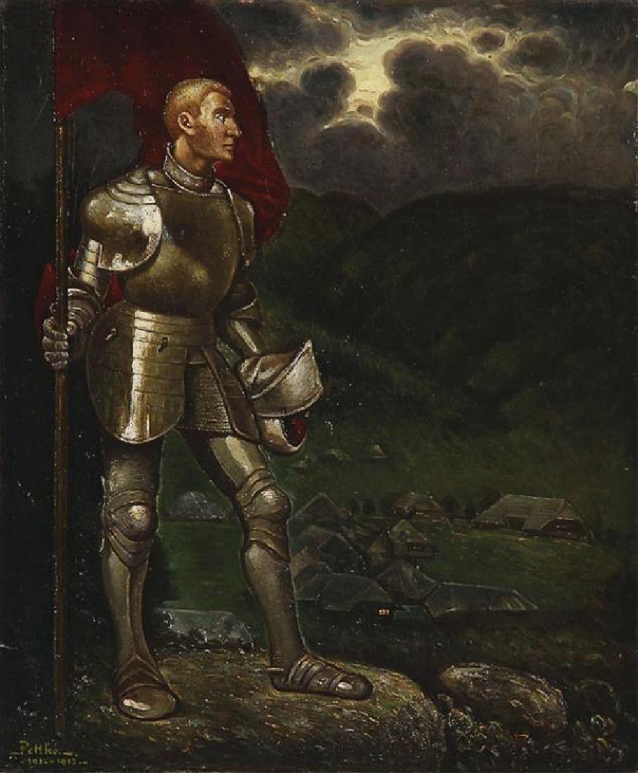 Signed Oil on Canvas Painting, Knight in Armor: Polish school ( Early 20th century ) knight in suit of armor, holding a red flag overlooking a village. Oil on canvas. Signed lower left & dated ~ Pettko 1912-1913~, 16" X 19".