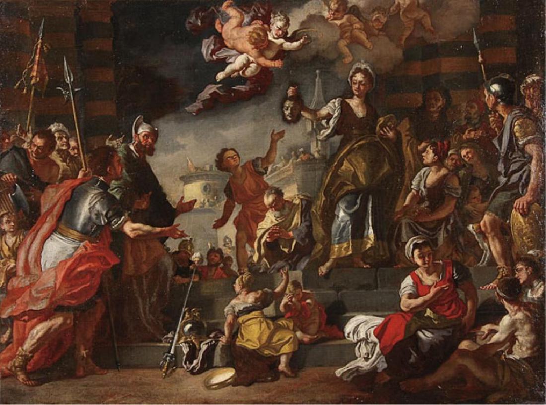 18thc Italian Painting, Francesco Solimena: Judith With The Head of Holofernes, Oil on canvas, Studio of FRANCESCO SOLIMENA ( Italian 1728 - 1733 ) 29.8 inches X 39.8 inches. Provenance: Private Collection, Chicago, Illinois U.S.A.