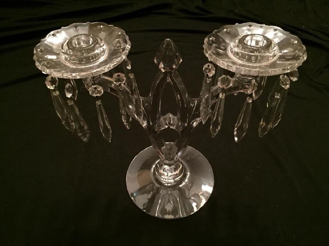 Rare 1930's Heisey Glass Candlestick Candelabra: This is a hard to find Heisley candelabra, only made between 1932 - 1936. No. 402 Gothic Double-socket colorless crystal stem & bobeches with factory polishing to inner ring & "A" prisms. Removable dr