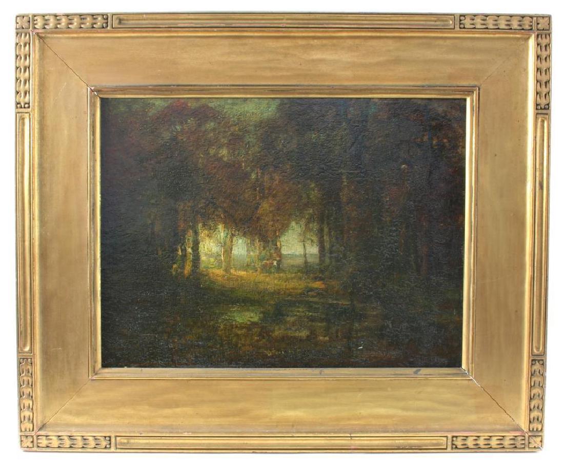 19thc Style of Corot, Signed Landscape Painting: Landscape, oil on board, by Julia Pairpoint Brainard Palmer. 12" X 16" depicts daylight showing through the opening in a forest. Framed in an early 20th century, Arts & Crafts Gold Newcomb-Macklin Fra