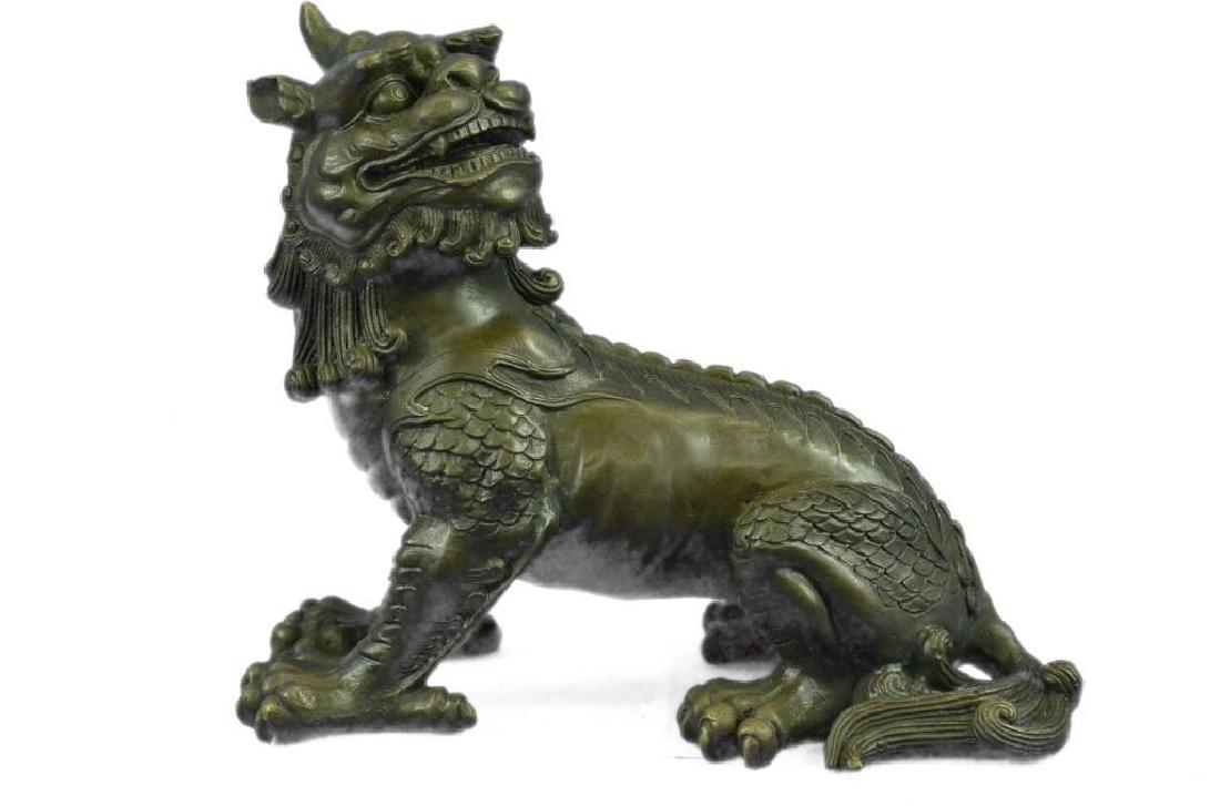 Chinese Foo Dog Guardian Lion Bronze Sculpture: Chinese foo dog, fu dog, lion guardian from evil talisman door protection statue. Lost wax casting method bronze, with brown patina. 6" X 9". 5 lbs.